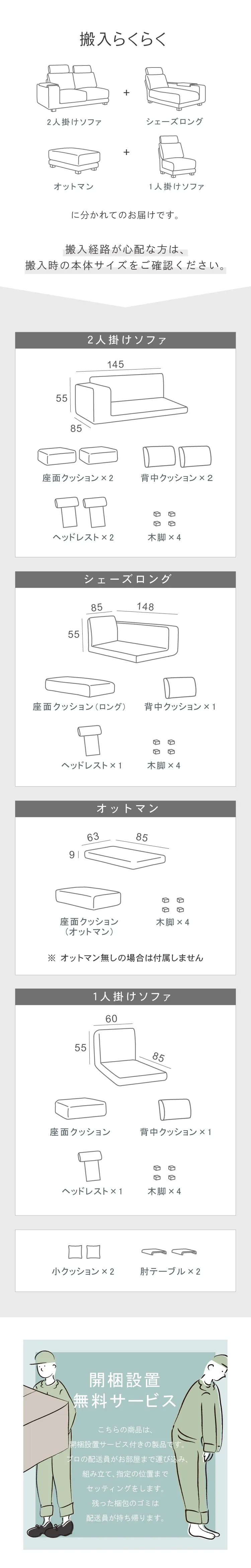 搬入・サイズ詳細と開梱設置サービス。2人掛け、シェーズロング、オットマン、1人掛けの各パーツサイズと同梱品の一覧。プロの配送員による開梱・設置・ゴミ回収サービス付きの案内。